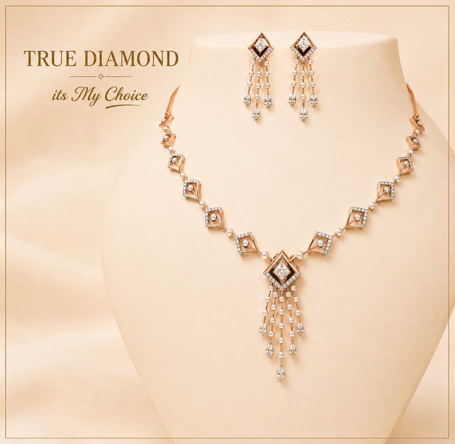 Diamond Pendant Necklace & Pearl Drop Earrings Set